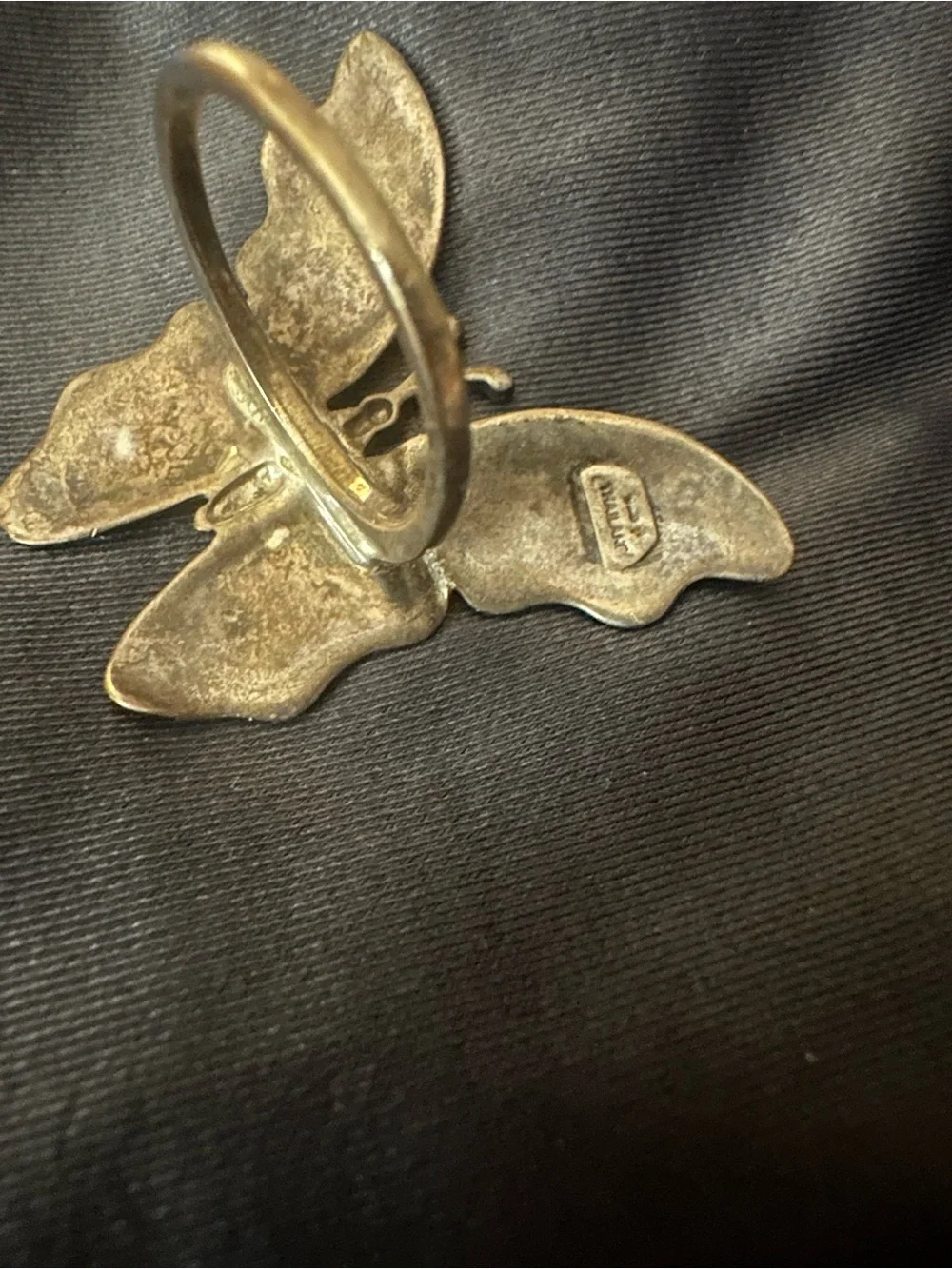 Vintage 925 Thailand Green Cloissonne Enamel Marcasite Butterfly Statement Ring